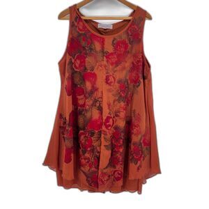 Pretty Angel Sleeveless Aline Flowy Chiffon Orange Floral Dress Silk Blend Sz LG